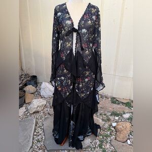 Dolls Kill Current Mood Bohemian Woman Godet Floral Print Maxi Duster Retro